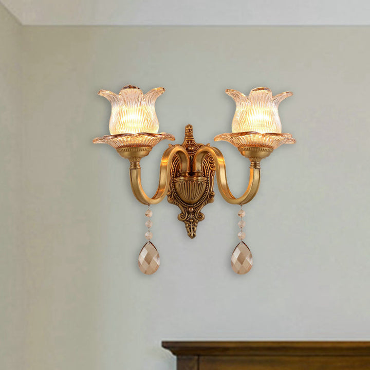 Skørter | Brass Flower Wall Lamp Vintage Clear Prism Glass 1/2 Lights Living Room LED Wall Lamp