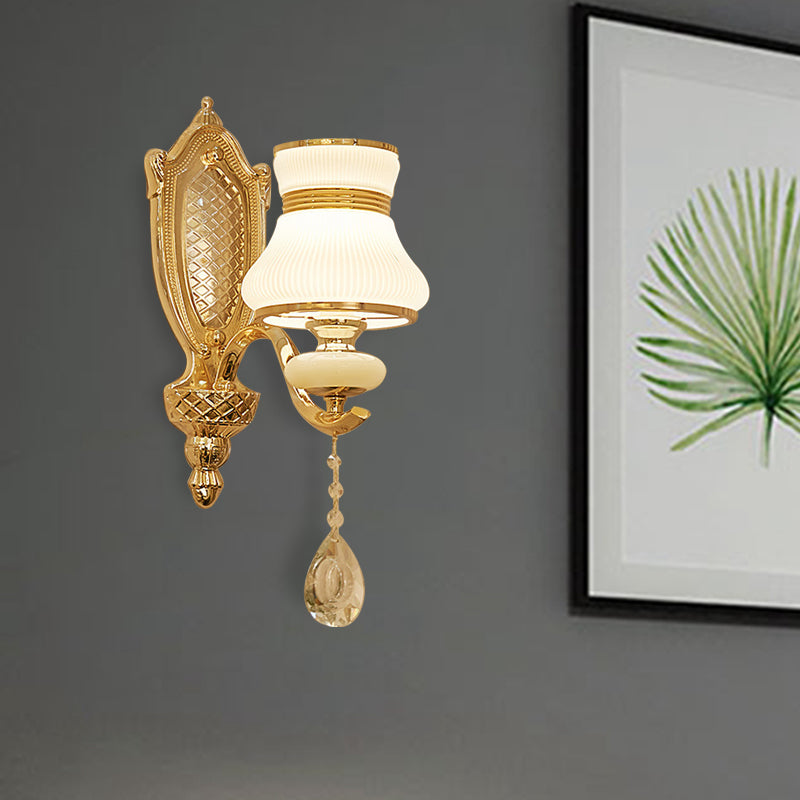 Skørter | Opal Glass Bell Wall Lamp Retro 1/2 Bulbs Hal LED Wall Sconces Lighting in Brass with Helper Bead Drop