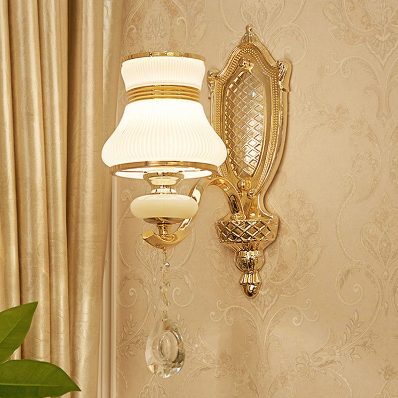 Skørter | Opal Glass Bell Wall Lamp Retro 1/2 Bulbs Hal LED Wall Sconces Lighting in Brass with Helper Bead Drop