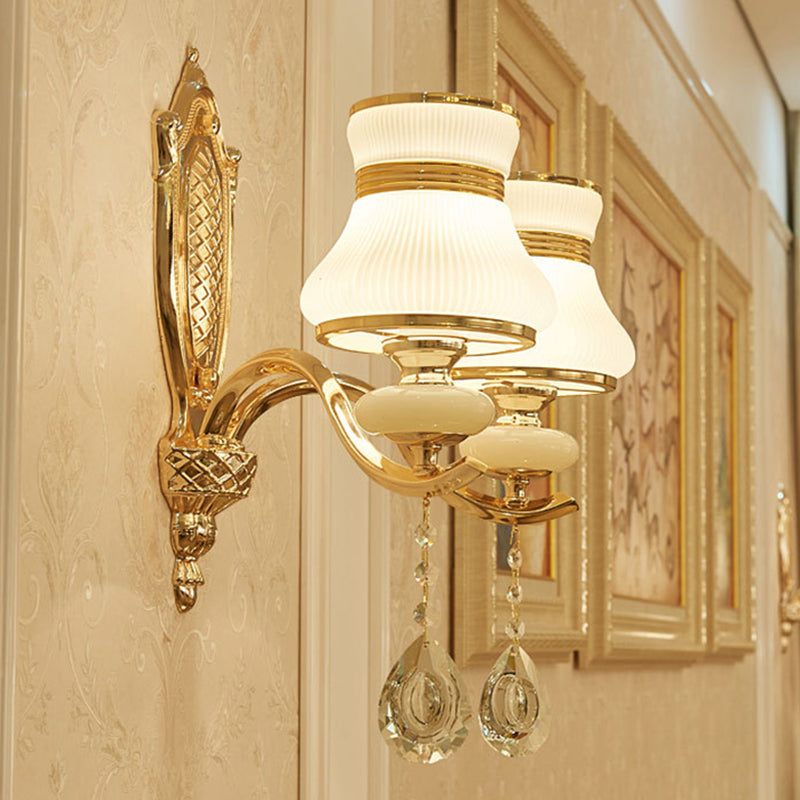 Skørter | Opal Glass Bell Wall Lamp Retro 1/2 Bulbs Hal LED Wall Sconces Lighting in Brass with Helper Bead Drop