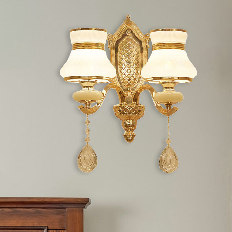 Skørter | Opal Glass Bell Wall Lamp Retro 1/2 Bulbs Hal LED Wall Sconces Lighting in Brass with Helper Bead Drop