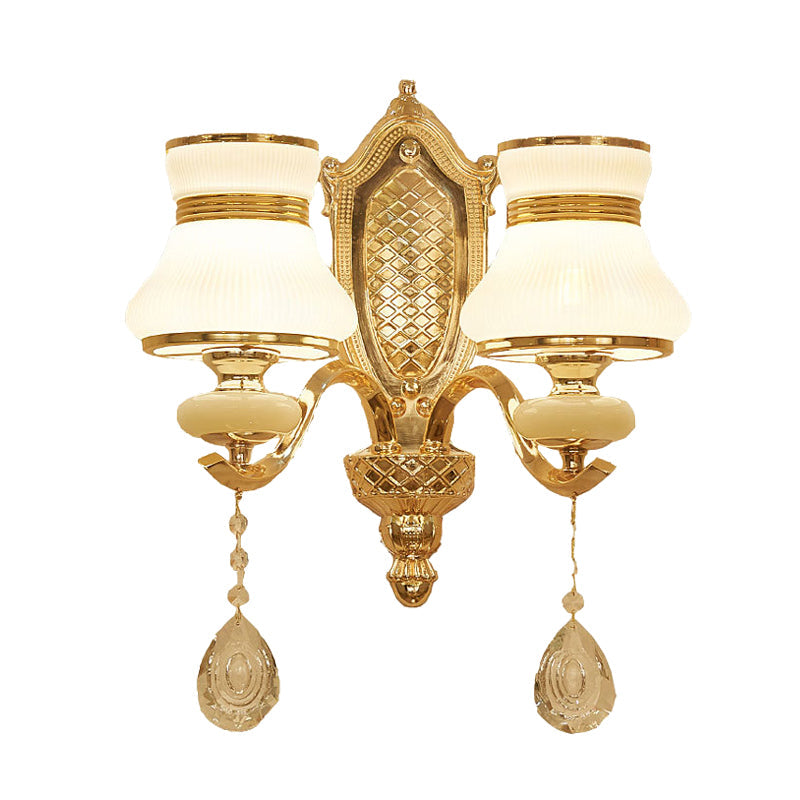 Skørter | Opal Glass Bell Wall Lamp Retro 1/2 Bulbs Hal LED Wall Sconces Lighting in Brass with Helper Bead Drop