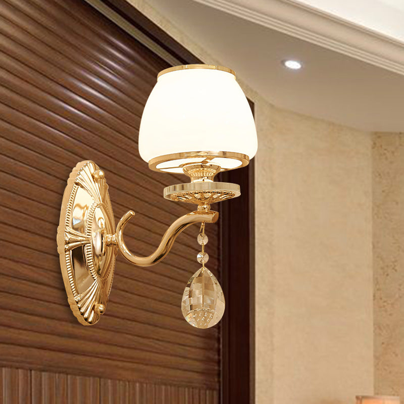 Skørter | Traditional Dome Wall Light 1/2 Heads White Glass Wall Light Lighting in Brass with Hanging Crystal