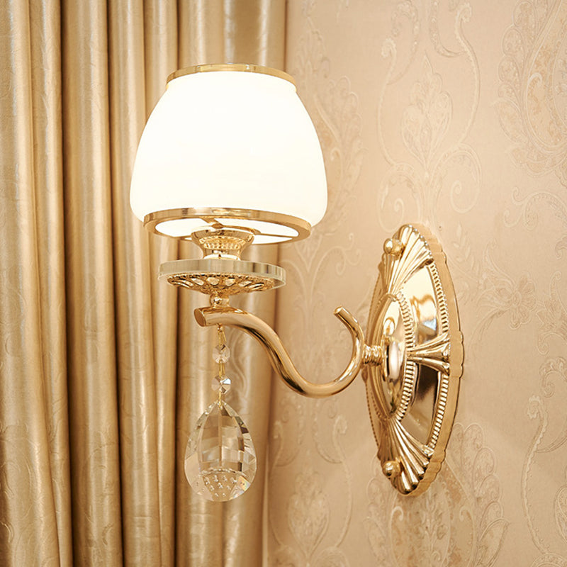 Skørter | Traditional Dome Wall Light 1/2 Heads White Glass Wall Light Lighting in Brass with Hanging Crystal