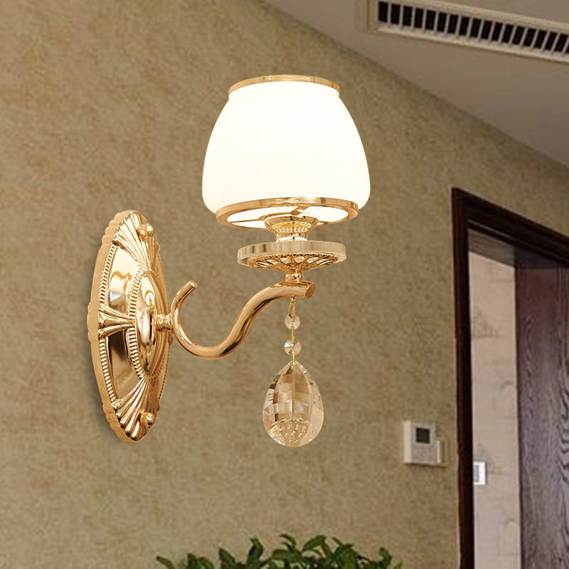 Skørter | Traditional Dome Wall Light 1/2 Heads White Glass Wall Light Lighting in Brass with Hanging Crystal