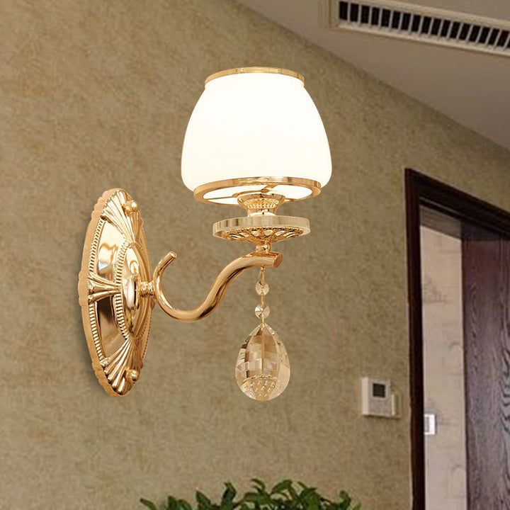 Skørter | Traditional Dome Wall Light 1/2 Heads White Glass Wall Light Lighting in Brass with Hanging Crystal
