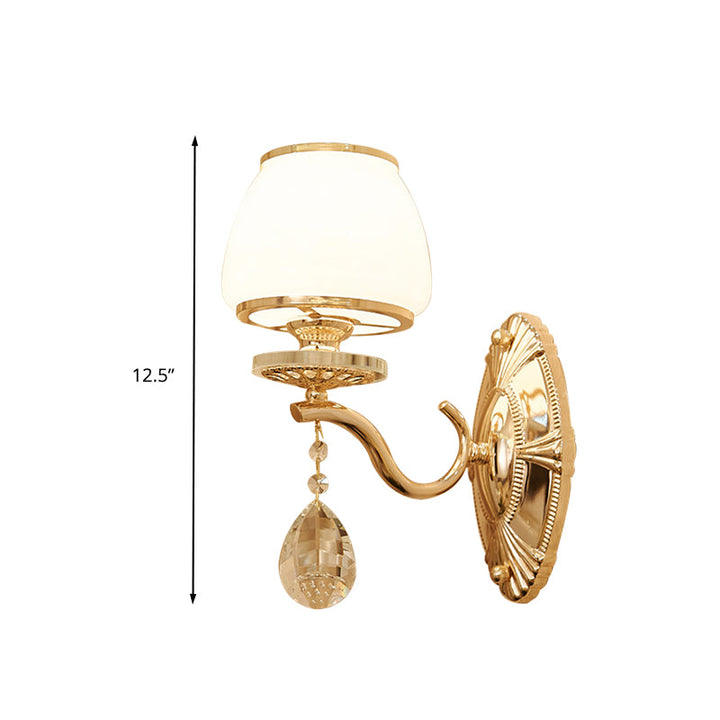 Skørter | Traditional Dome Wall Light 1/2 Heads White Glass Wall Light Lighting in Brass with Hanging Crystal