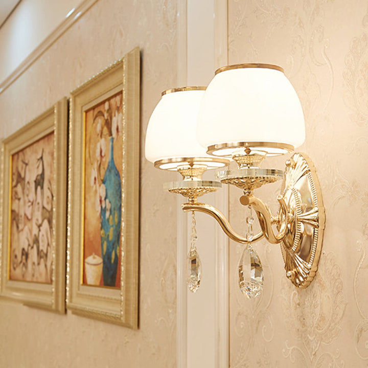 Skørter | Traditional Dome Wall Light 1/2 Heads White Glass Wall Light Lighting in Brass with Hanging Crystal