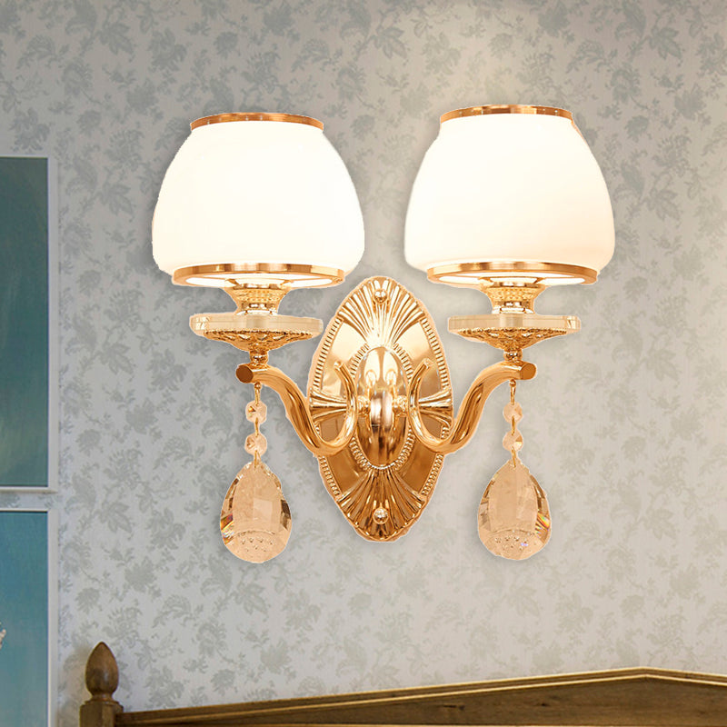 Skørter | Traditional Dome Wall Light 1/2 Heads White Glass Wall Light Lighting in Brass with Hanging Crystal