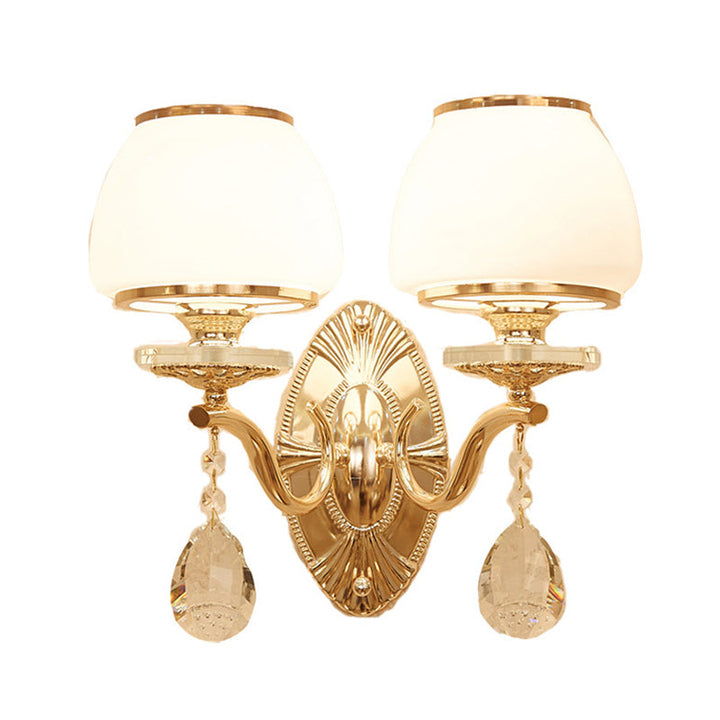 Skørter | Traditional Dome Wall Light 1/2 Heads White Glass Wall Light Lighting in Brass with Hanging Crystal