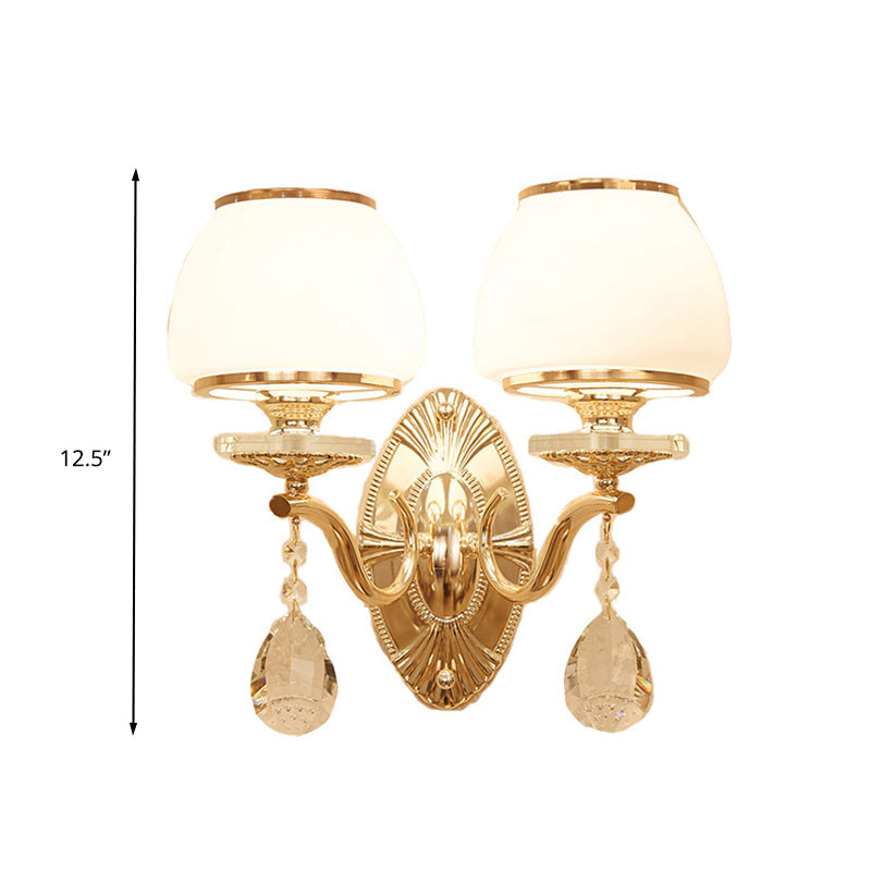 Skørter | Traditional Dome Wall Light 1/2 Heads White Glass Wall Light Lighting in Brass with Hanging Crystal