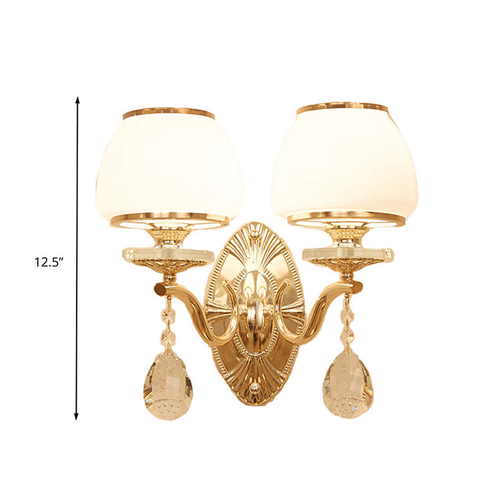 Skørter | Traditional Dome Wall Light 1/2 Heads White Glass Wall Light Lighting in Brass with Hanging Crystal