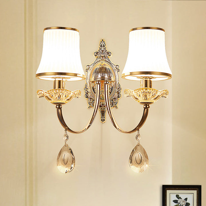 Skørter | 1/2-Light Extending Wall Light Sconce Traditionalism Brass Frosted White Glass Wall Light Fixture with Crystal Decoration