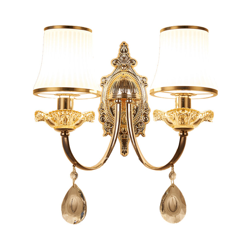 Skørter | 1/2-Light Extending Wall Light Sconce Traditionalism Brass Frosted White Glass Wall Light Fixture with Crystal Decoration