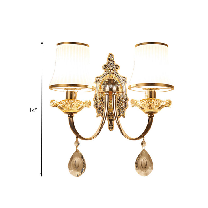 Skørter | 1/2-Light Extending Wall Light Sconce Traditionalism Brass Frosted White Glass Wall Light Fixture with Crystal Decoration