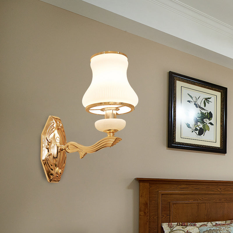 Skørter | Bell Bedroom Wall Lamp Wall Sconce Traditional Opal Satinated Glass 1/2 Bulbs Brass Wall Lamp with Clear Crystal Drops