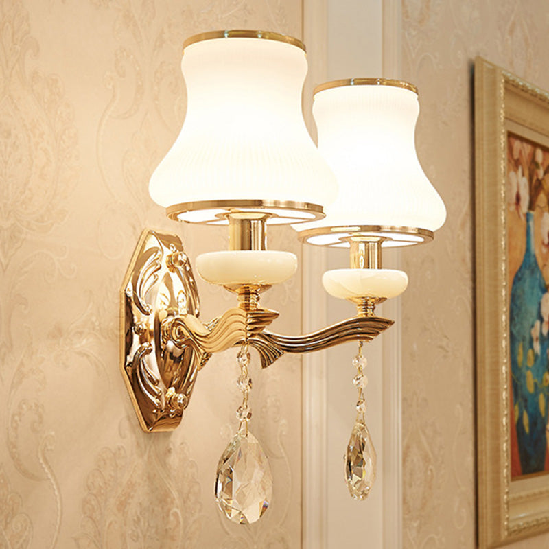 Skørter | Bell Bedroom Wall Lamp Wall Sconce Traditional Opal Satinated Glass 1/2 Bulbs Brass Wall Lamp with Clear Crystal Drops