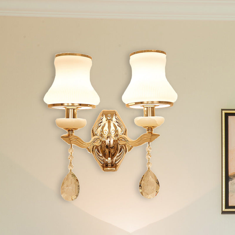 Skørter | Bell Bedroom Wall Lamp Wall Sconce Traditional Opal Satinated Glass 1/2 Bulbs Brass Wall Lamp with Clear Crystal Drops