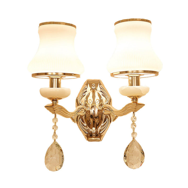 Skørter | Bell Bedroom Wall Lamp Wall Sconce Traditional Opal Satinated Glass 1/2 Bulbs Brass Wall Lamp with Clear Crystal Drops