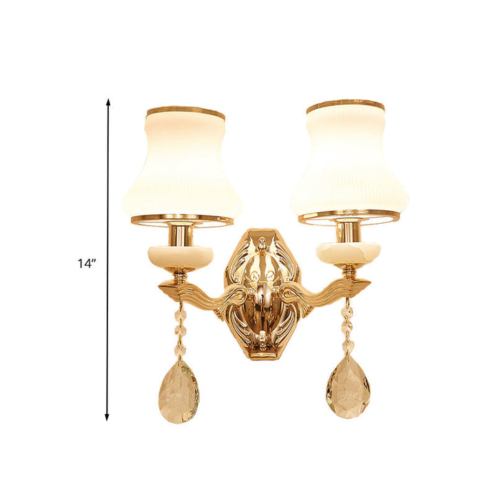 Skørter | Bell Bedroom Wall Lamp Wall Sconce Traditional Opal Satinated Glass 1/2 Bulbs Brass Wall Lamp with Clear Crystal Drops
