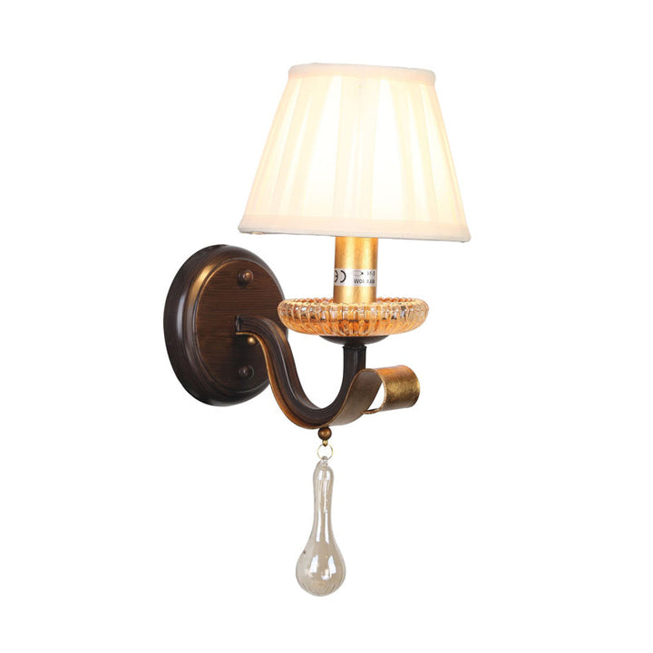Skørter | White 1/2-bowl Wall Lamp Traditional Fabric Pleated Shade Wall Mount Lighting with Clear Glass Drop