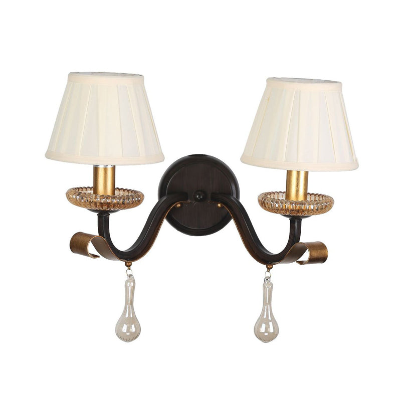 Skørter | White 1/2-bowl Wall Lamp Traditional Fabric Pleated Shade Wall Mount Lighting with Clear Glass Drop