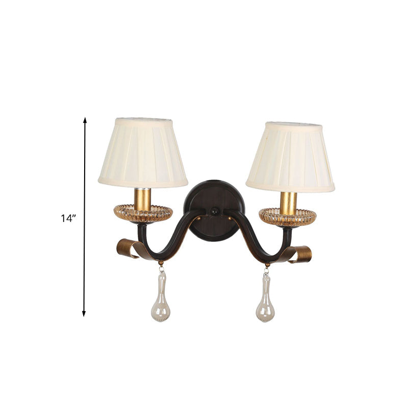 Skørter | White 1/2-bowl Wall Lamp Traditional Fabric Pleated Shade Wall Mount Lighting with Clear Glass Drop