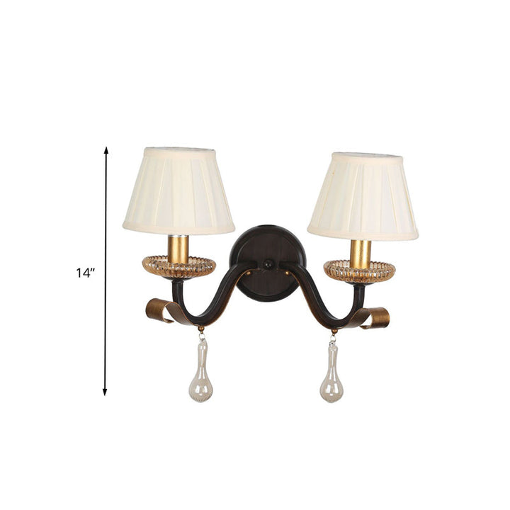 Skørter | White 1/2-bowl Wall Lamp Traditional Fabric Pleated Shade Wall Mount Lighting with Clear Glass Drop