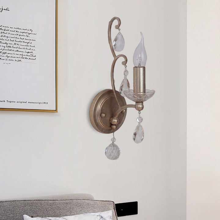 Skørter | Rusted/Aged Silver 1/2 Light Wall Lamp Light Fixture Traditional Crystal Candle Holder Wall Lamp for Living Room