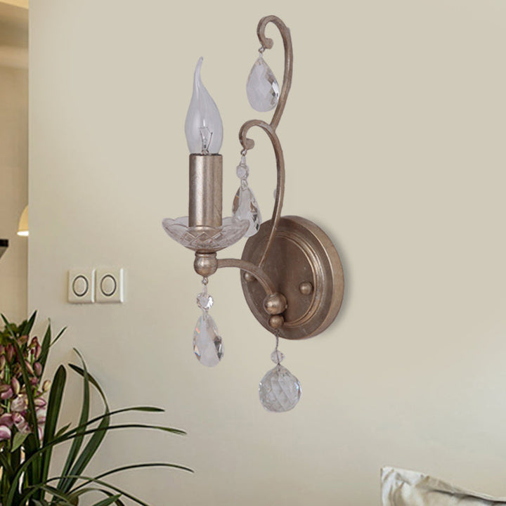 Skørter | Rusted/Aged Silver 1/2 Light Wall Lamp Light Fixture Traditional Crystal Candle Holder Wall Lamp for Living Room
