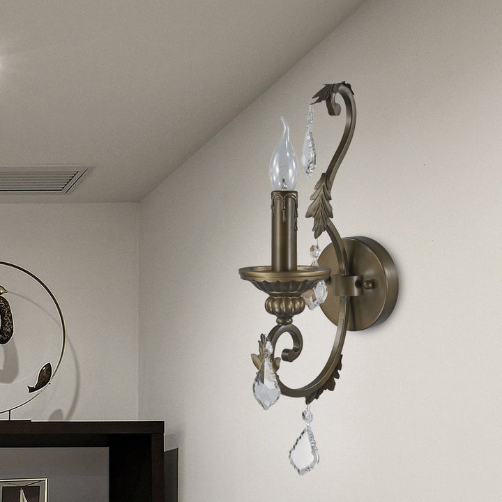 Skørter | Rustic Candle Holder Wall Lighting Fixture 1 Bulb Iron Wall Mounted Lamp in Bronze with Hanging Crystal Accent