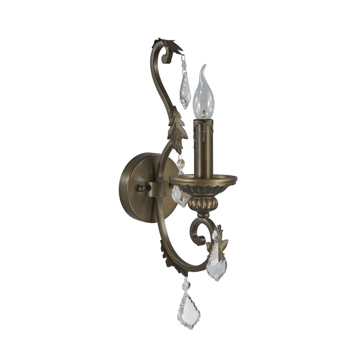 Skørter | Rustic Candle Holder Wall Lighting Fixture 1 Bulb Iron Wall Mounted Lamp in Bronze with Hanging Crystal Accent
