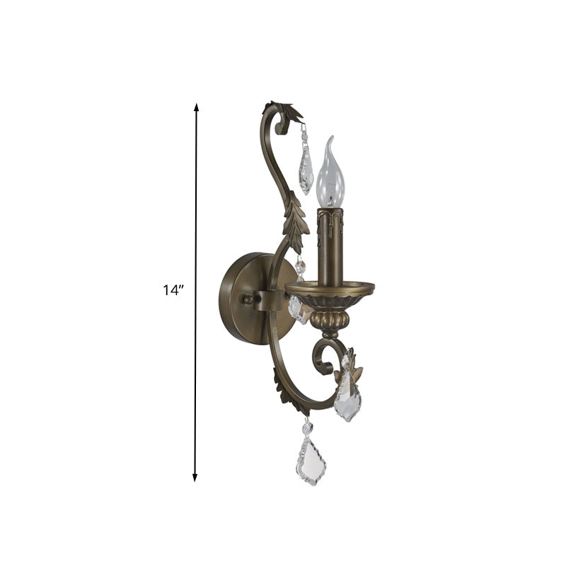 Skørter | Rustic Candle Holder Wall Lighting Fixture 1 Bulb Iron Wall Mounted Lamp in Bronze with Hanging Crystal Accent