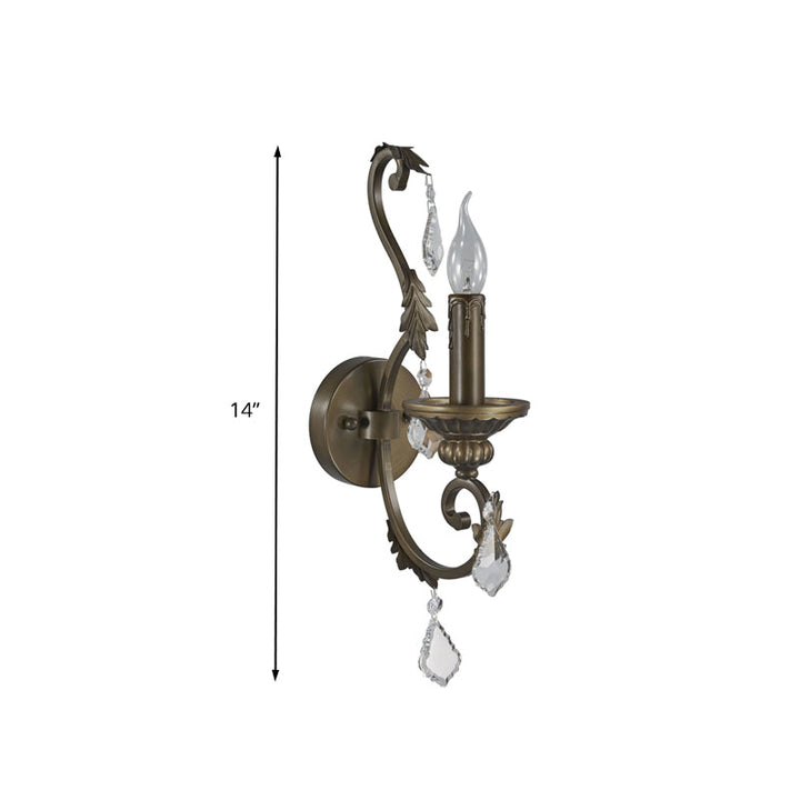 Skørter | Rustic Candle Holder Wall Lighting Fixture 1 Bulb Iron Wall Mounted Lamp in Bronze with Hanging Crystal Accent