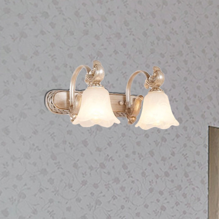 Skørter | Traditional Flower Shade Vanity Wall Lamp Milk Glass 2/3 Cups Bathroom Wall Light with Curved Arm in Khaki