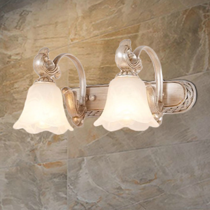Skørter | Traditional Flower Shade Vanity Wall Lamp Milk Glass 2/3 Cups Bathroom Wall Light with Curved Arm in Khaki