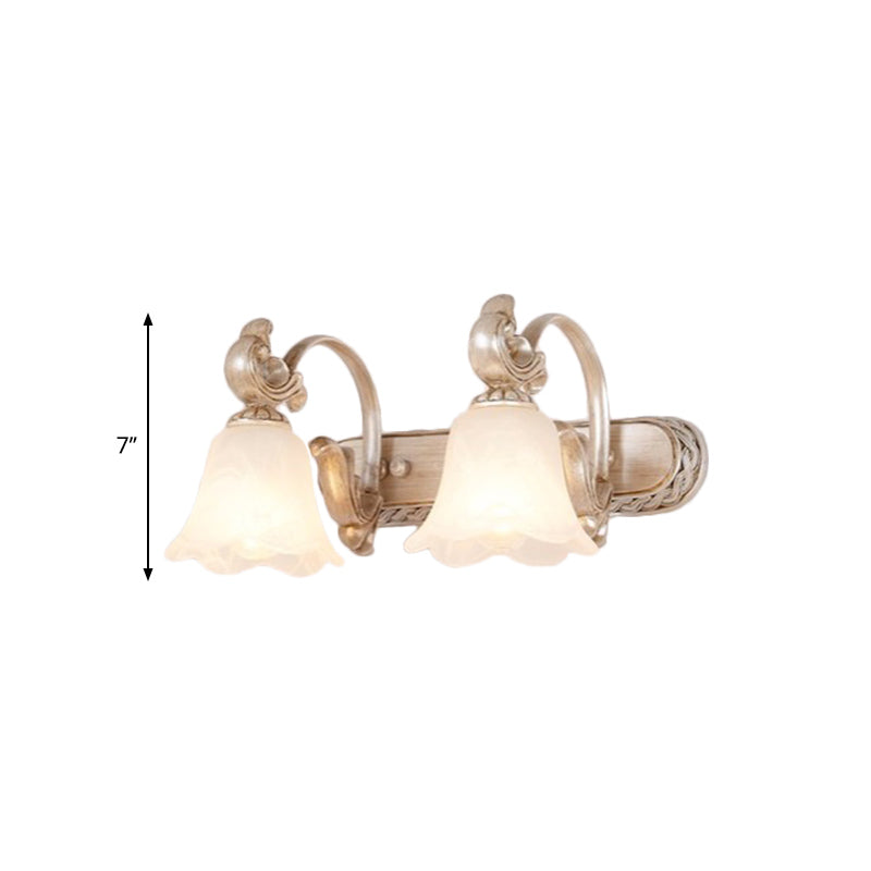 Skørter | Traditional Flower Shade Vanity Wall Lamp Milk Glass 2/3 Cups Bathroom Wall Light with Curved Arm in Khaki