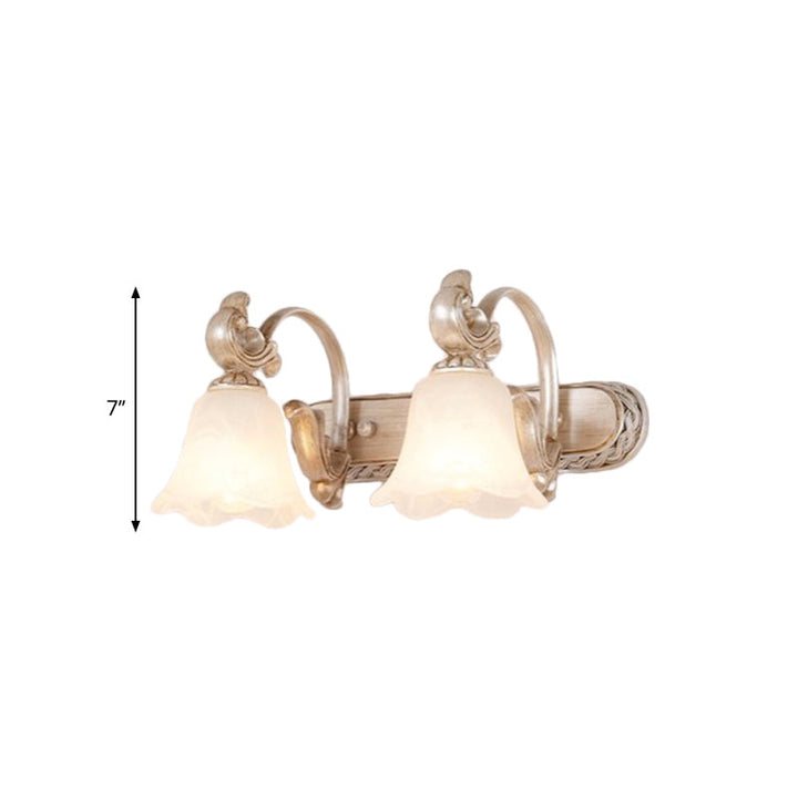 Skørter | Traditional Flower Shade Vanity Wall Lamp Milk Glass 2/3 Cups Bathroom Wall Light with Curved Arm in Khaki