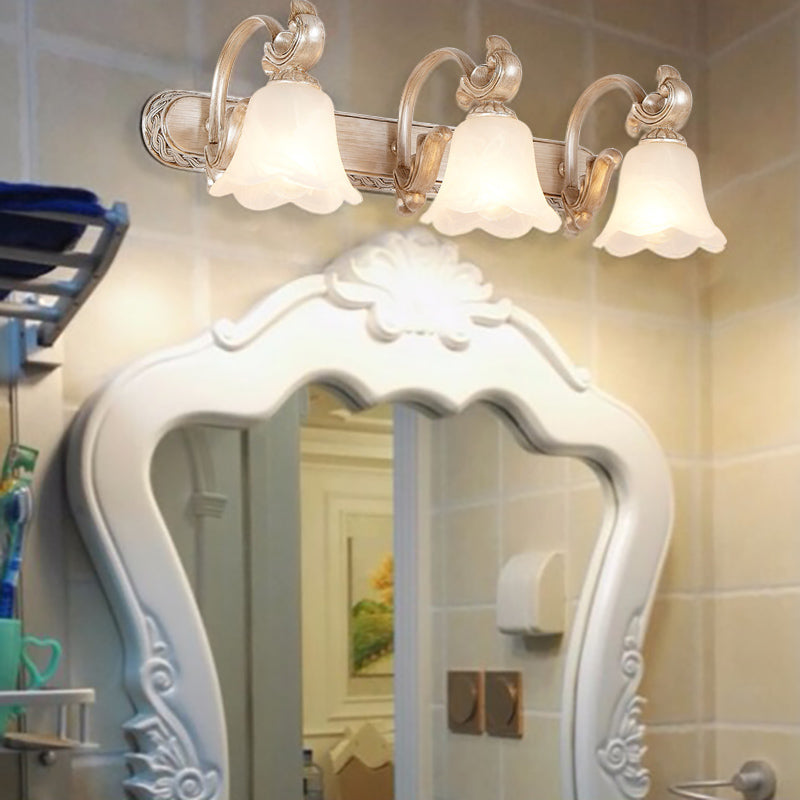 Skørter | Traditional Flower Shade Vanity Wall Lamp Milk Glass 2/3 Cups Bathroom Wall Light with Curved Arm in Khaki