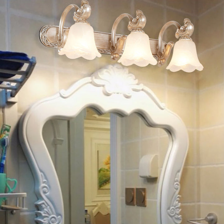 Skørter | Traditional Flower Shade Vanity Wall Lamp Milk Glass 2/3 Cups Bathroom Wall Light with Curved Arm in Khaki