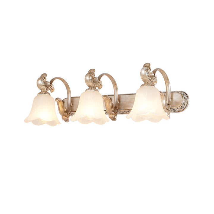 Skørter | Traditional Flower Shade Vanity Wall Lamp Milk Glass 2/3 Cups Bathroom Wall Light with Curved Arm in Khaki