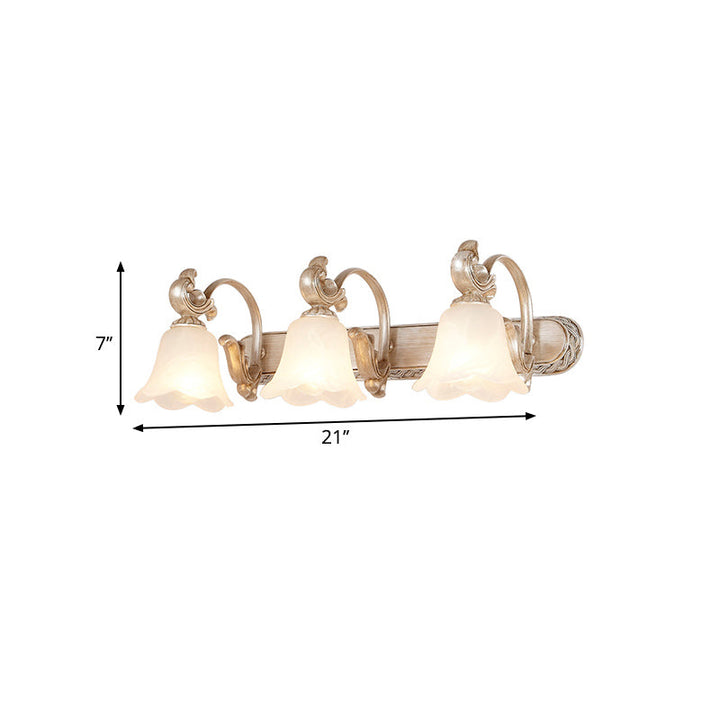 Skørter | Traditional Flower Shade Vanity Wall Lamp Milk Glass 2/3 Cups Bathroom Wall Light with Curved Arm in Khaki