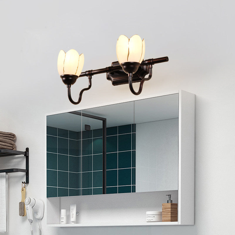Skørter | Floral Shade Wall Light Modernist Style Opal Glass 2/3 Heads Café Wall Vanity Light in Black