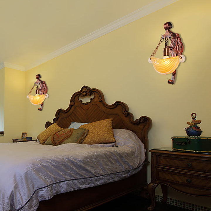 Skørter | Bowl-shaped Wall Light Vintage Stylish Amber Glass 1 Light Weathered Copper Wall Lamp Light for Bedroom
