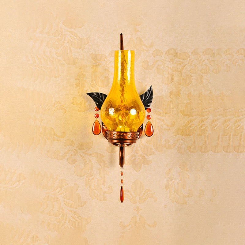 Skørter | Traditional Vase Wall Mount Light Yellow Cracked Glass 1 Light Bathroom Wall Lamp Wall Fixture with Orange Crystal Deco