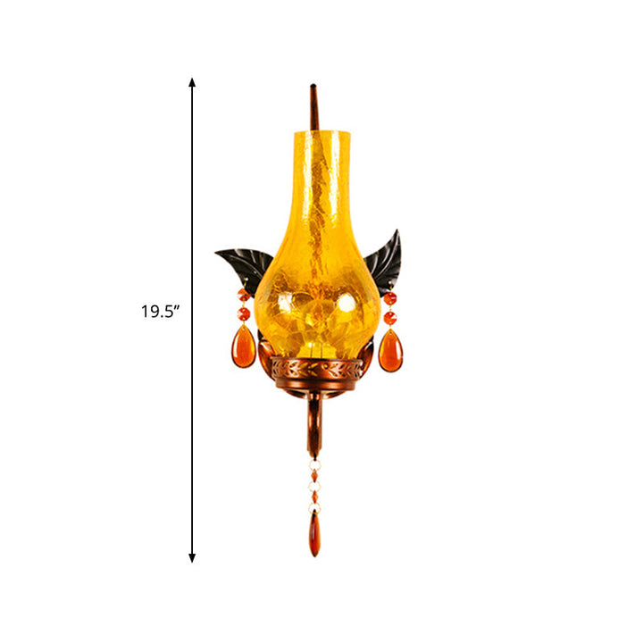 Skørter | Traditional Vase Wall Mount Light Yellow Cracked Glass 1 Light Bathroom Wall Lamp Wall Fixture with Orange Crystal Deco