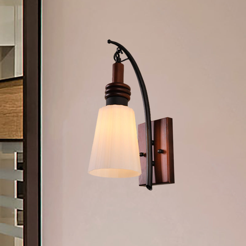 Skørter | Modern Cone Wall Light Opal Glass and Wood 1 Head Bedroom Wall Mounted Lamp in Reddish Brown
