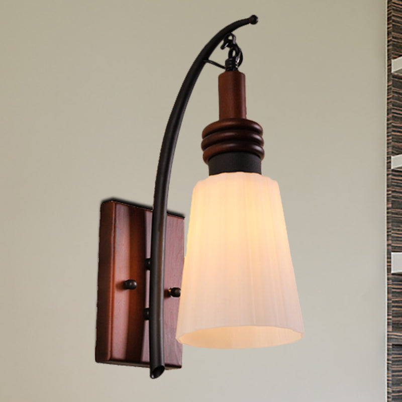 Skørter | Modern Cone Wall Light Opal Glass and Wood 1 Head Bedroom Wall Mounted Lamp in Reddish Brown