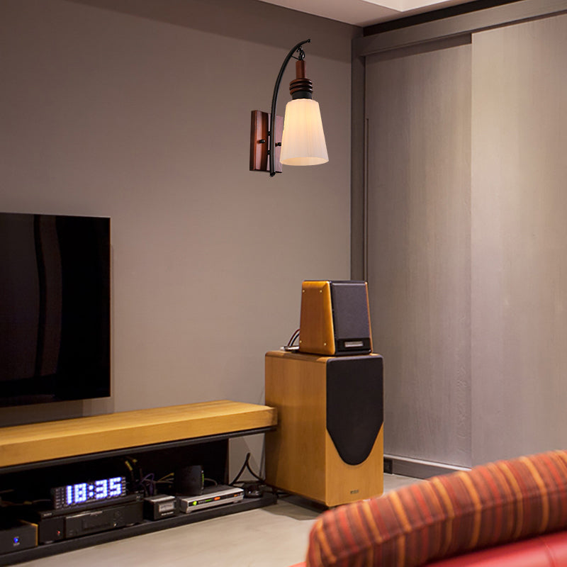 Skørter | Modern Cone Wall Light Opal Glass and Wood 1 Head Bedroom Wall Mounted Lamp in Reddish Brown