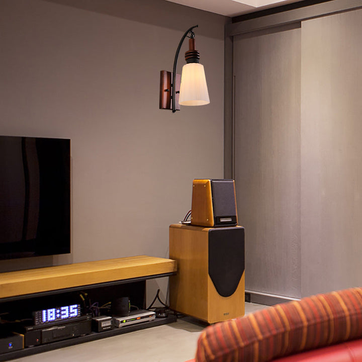 Skørter | Modern Cone Wall Light Opal Glass and Wood 1 Head Bedroom Wall Mounted Lamp in Reddish Brown